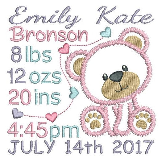 Baby girl birth announcement -custom embroidery design by rosiedayembroidery.com