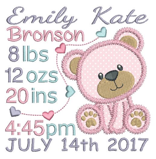 Baby girl birth announcement -custom embroidery design by rosiedayembroidery.com