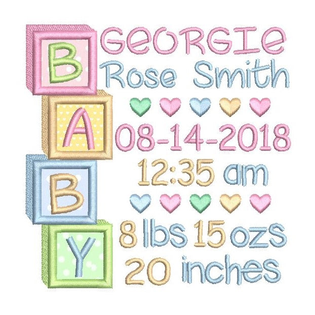 Baby Birth Announcement -Custom Embroidery Design by rosiedayembroidery.com