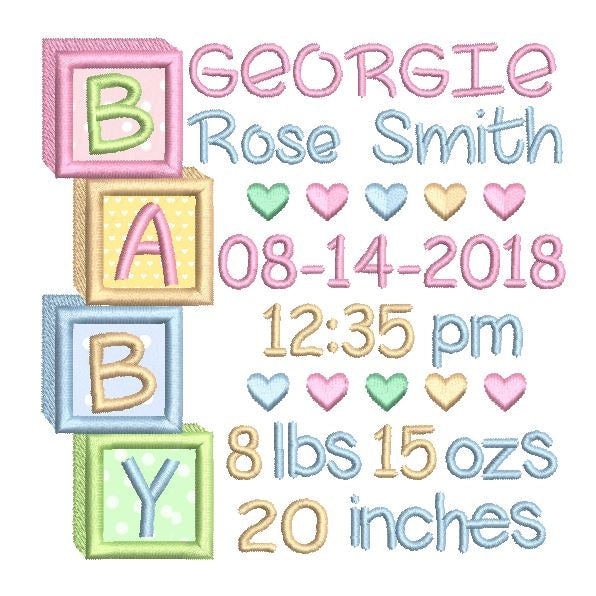 Baby Birth Announcement -Custom Embroidery Design by rosiedayembroidery.com