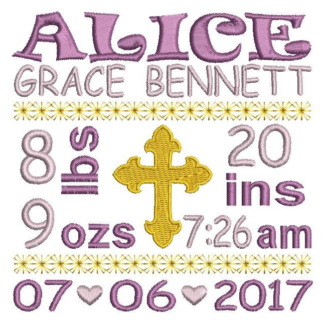 Baby girl birth announcement -custom embroidery design by rosiedayembroidery.com