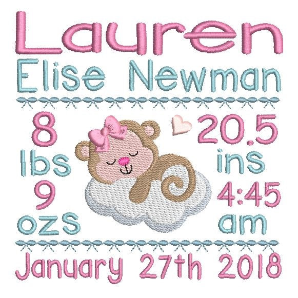 Baby girl birth announcement -custom embroidery design by rosiedayembroidery.com