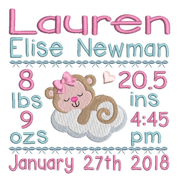 Baby girl birth announcement -custom embroidery design by rosiedayembroidery.com