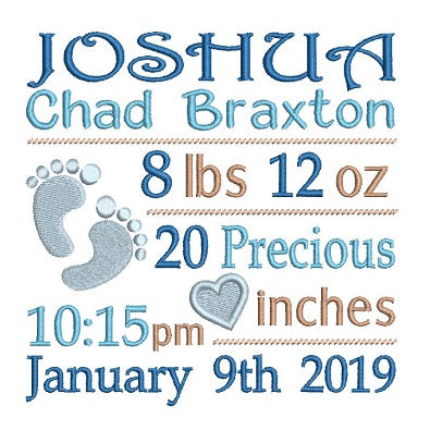 Baby birth announcement -custom embroidery design by rosiedayembroidery.com