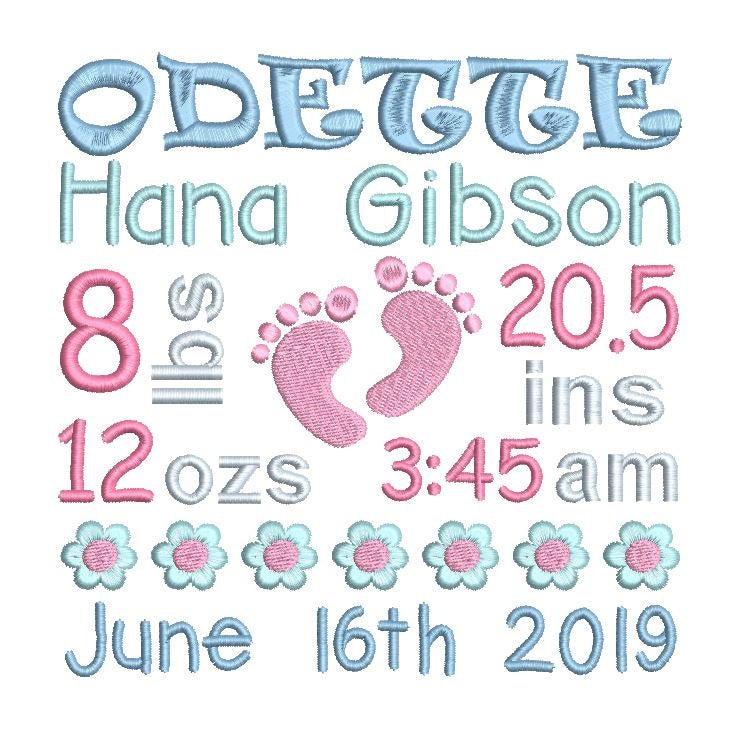 Baby birth announcement -custom embroidery design by rosiedayembroidery.com