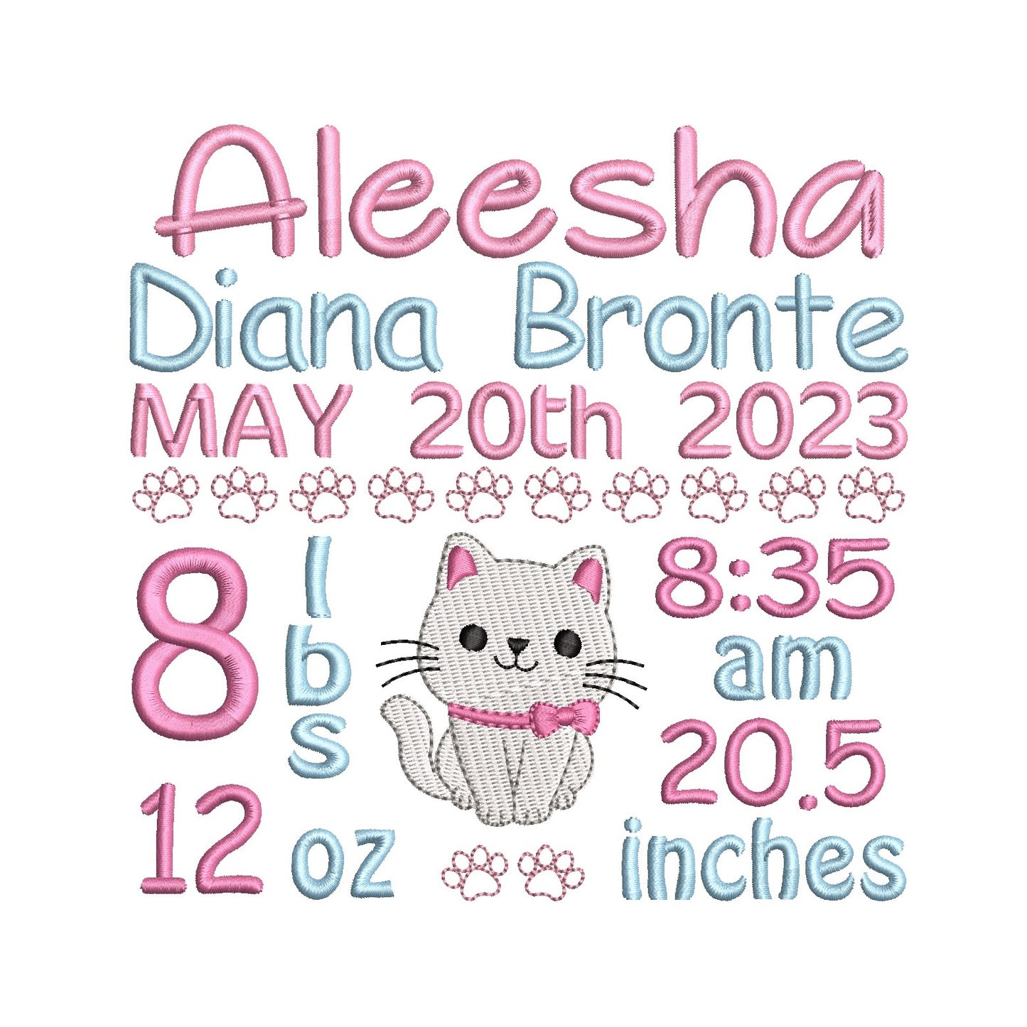 Baby girl birth announcement -custom embroidery design by rosiedayembroidery.com