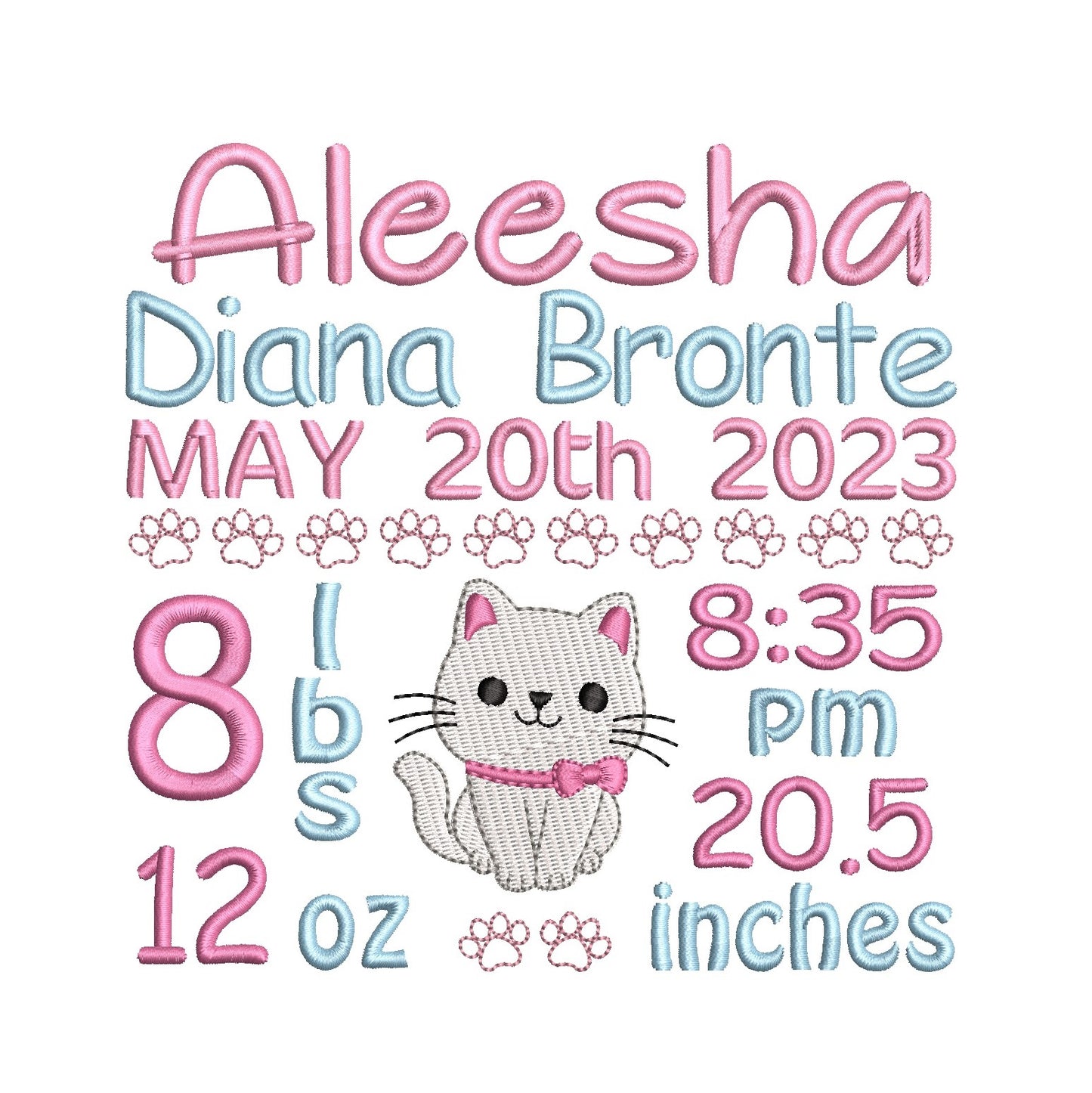 Baby girl birth announcement -custom embroidery design by rosiedayembroidery.com