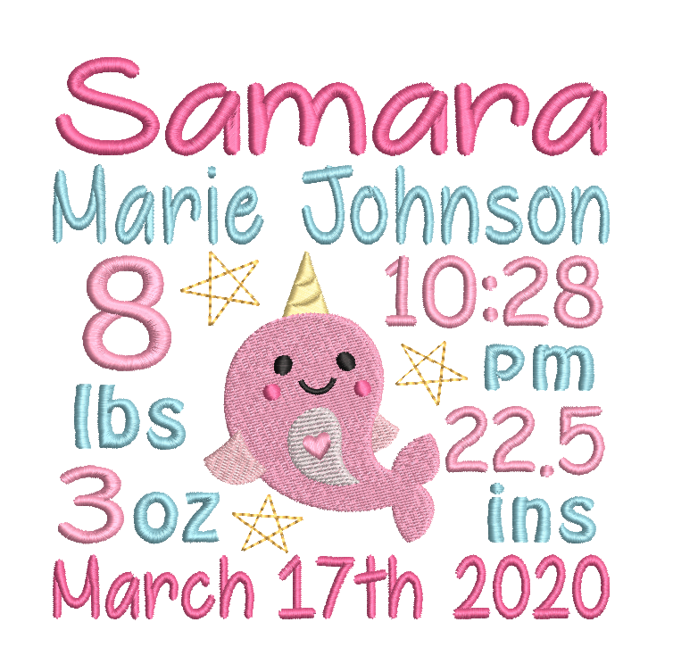 Baby girl birth announcement -custom embroidery design by rosiedayembroidery.com