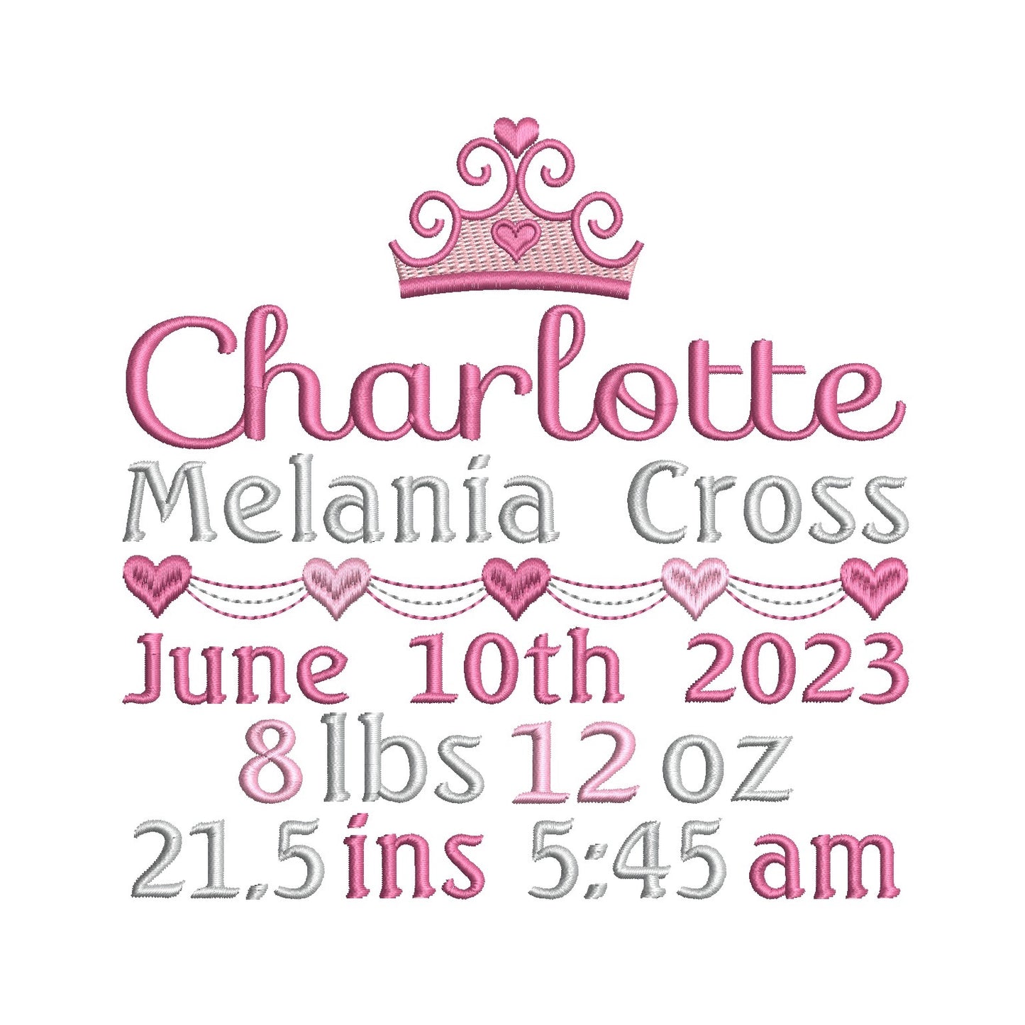 Baby girl birth announcement -custom embroidery design by rosiedayembroidery.com