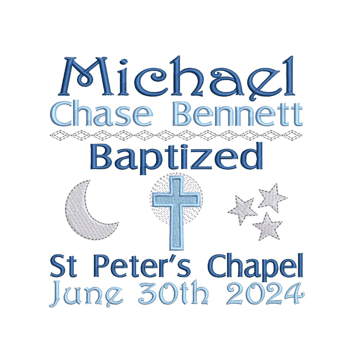 Baptism Announcement - Customised machine embroidery design by rosiedayembroidery.com