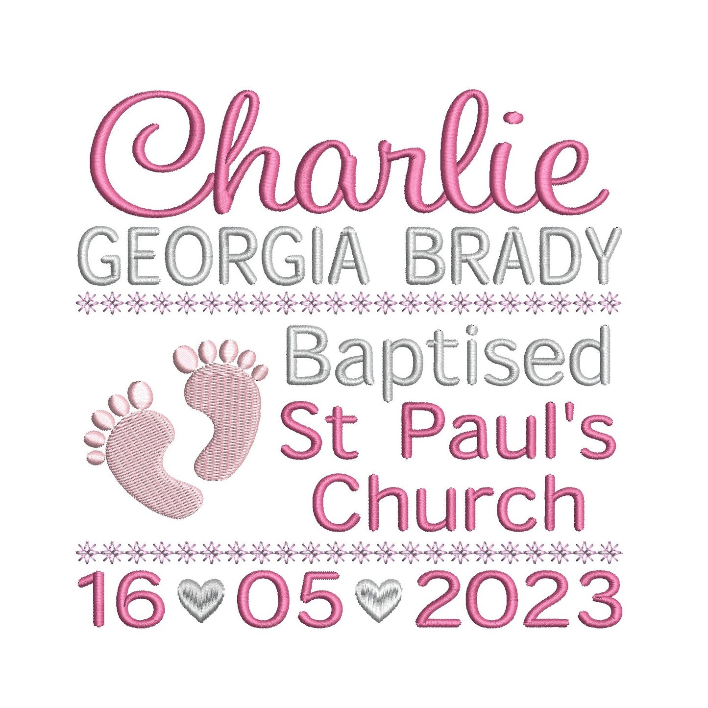 Baptism Announcement - Customised machine embroidery design by rosiedayembroidery.com