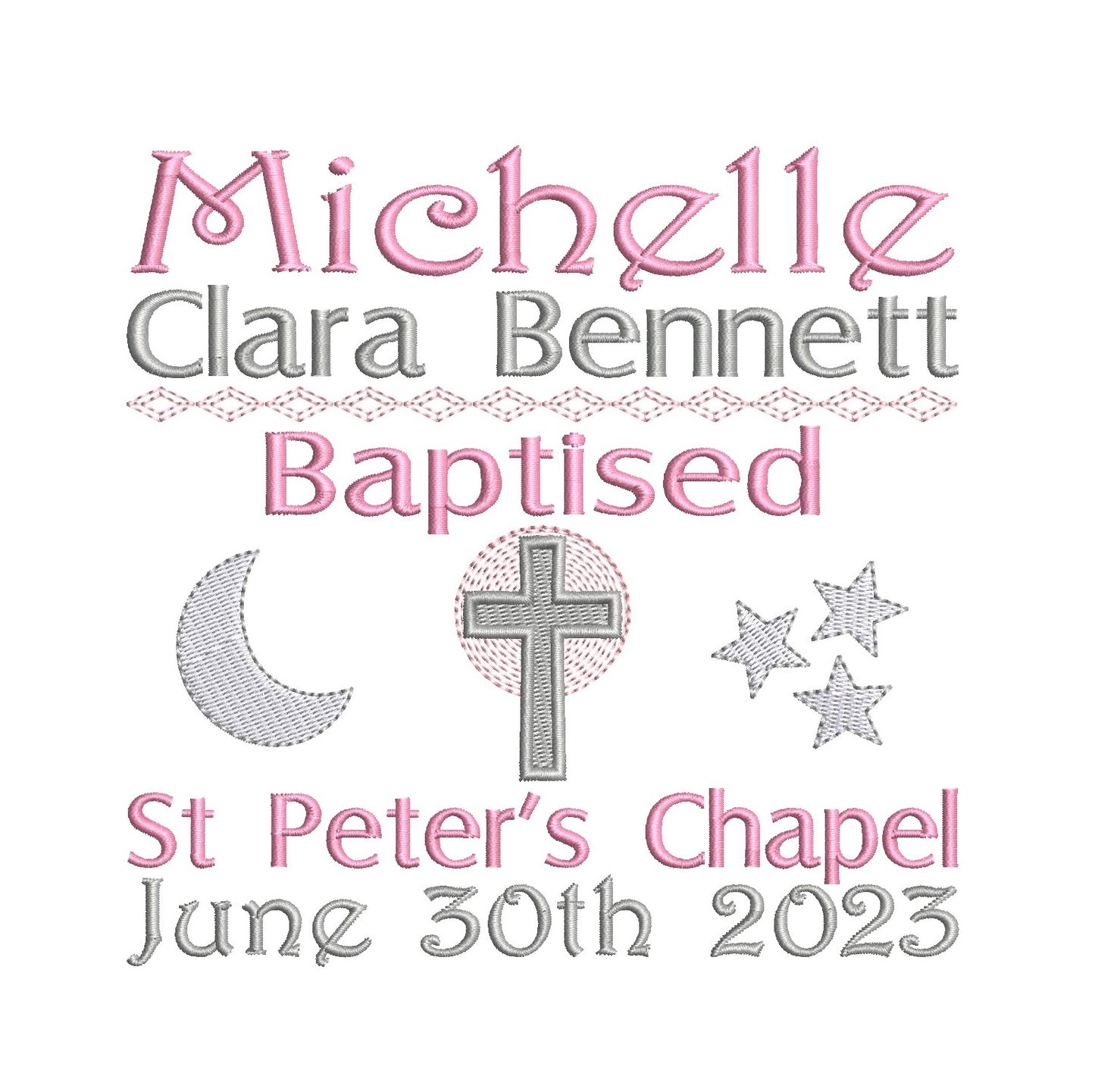 Baptism Announcement - Customised machine embroidery design by rosiedayembroidery.com