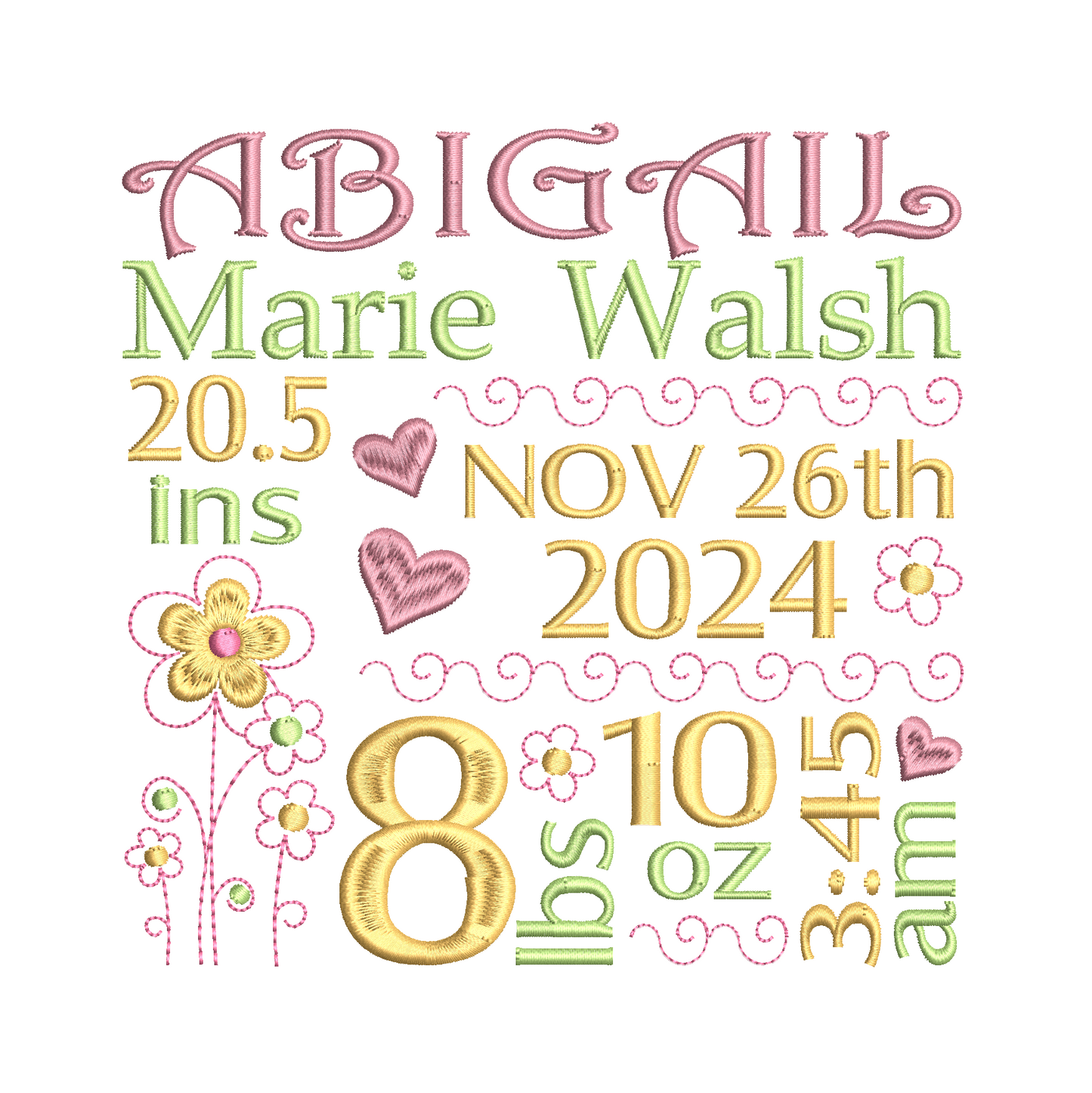 Baby birth announcement machine embroidery design by rosiedayembroidery.com