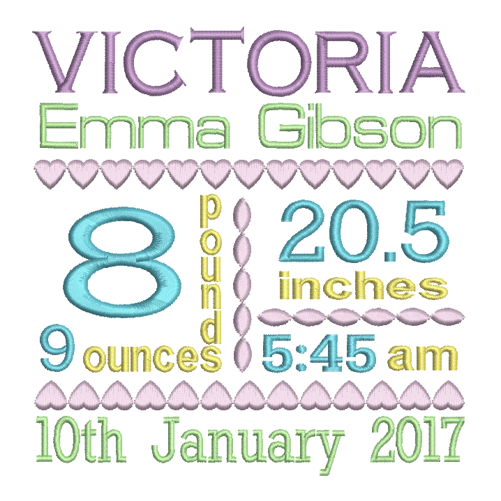 Baby Birth Announcement -Custom Embroidery Design by rosiedayembroidery.com