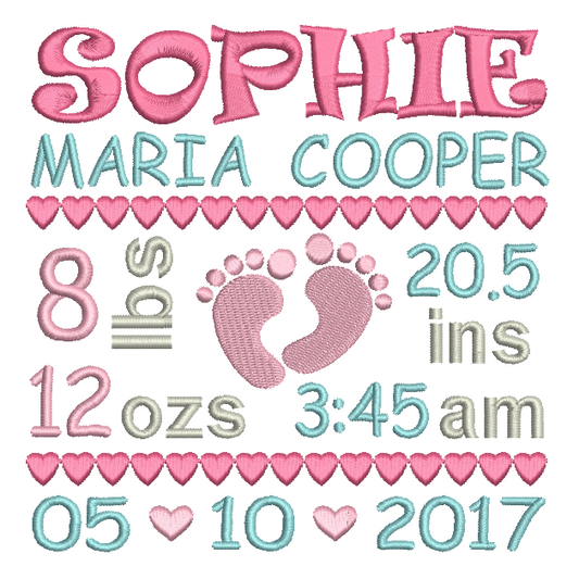 Baby Birth Announcement -Custom Embroidery Design by embroiderytree.com