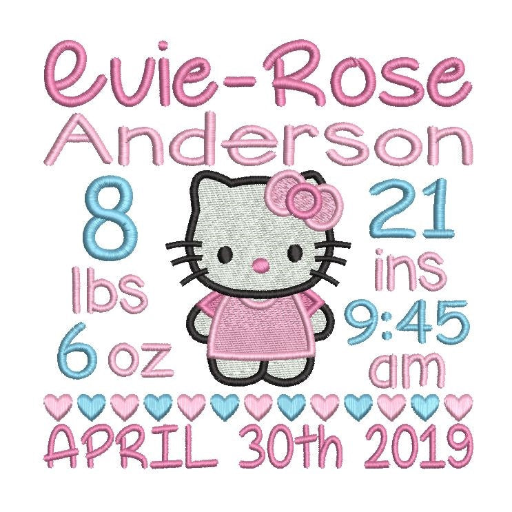 Baby girl birth announcement -custom embroidery design by rosiedayembroidery.com