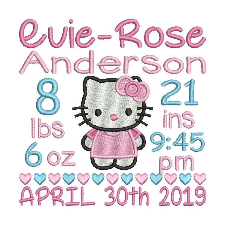 Baby girl birth announcement -custom embroidery design by rosiedayembroidery.com