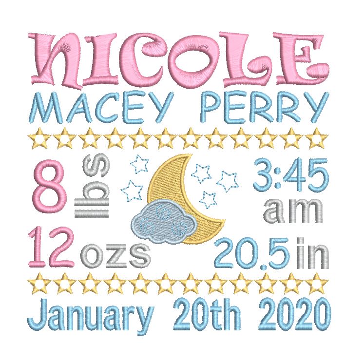 Baby birth announcement -custom embroidery design by rosiedayembroidery.com