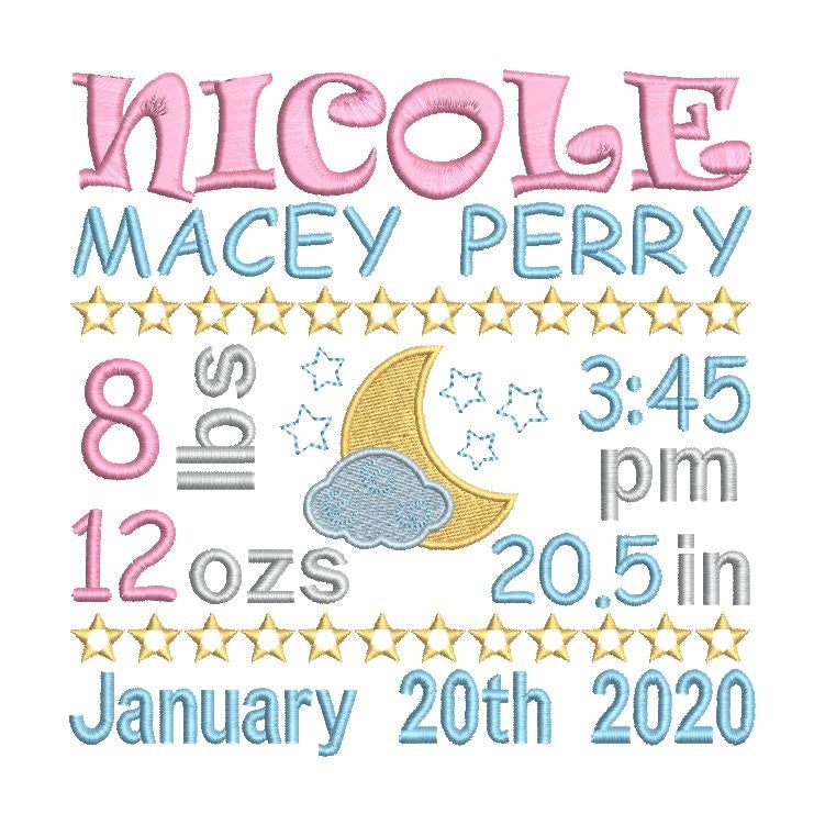 Baby birth announcement template machine embroidery design by rosiedayembroidery.com