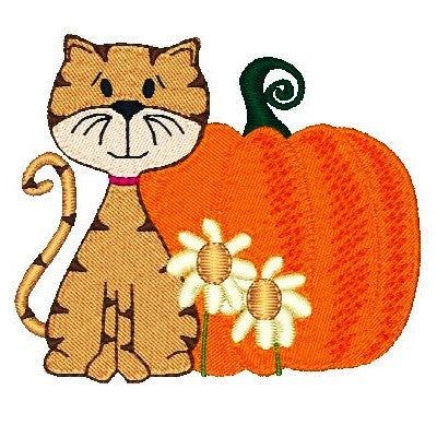 Cute autumn cat with pumpkin machine embroidery design by embroiderytree.com