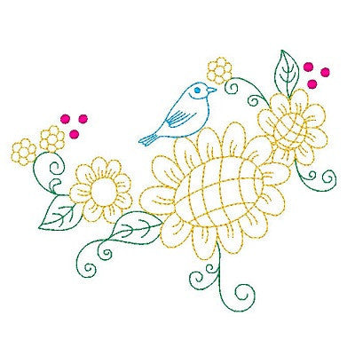 Spring flowers and birds machine embroidery design by embroiderytree.com