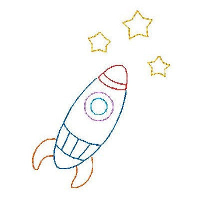 Rocketship multi-colored linework machine embroidery design by rosiedayembroidery.com