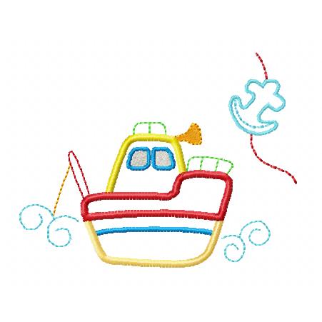 Fishing boat applique machine embroidery design by rosiedayembroidery.com