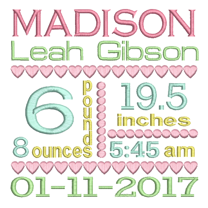Baby Birth Announcement -Custom Embroidery Design by rosiedayembroidery.com