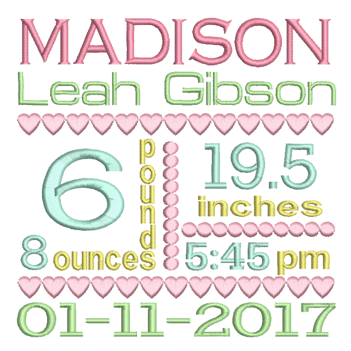Baby Birth Announcement -Custom Embroidery Design by rosiedayembroidery.com