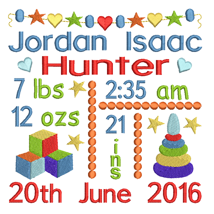 Baby Birth Announcement -Custom Embroidery Design by rosiedayembroidery.com