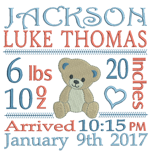 Baby Birth Announcement -Custom Embroidery Design by rosiedayembroidery.com