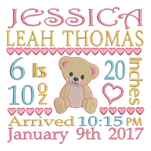 Baby Birth Announcement -Custom Embroidery Design by rosiedayembroidery.com