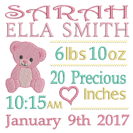 Baby Birth Announcement -Custom Embroidery Design by rosiedayembroidery.com