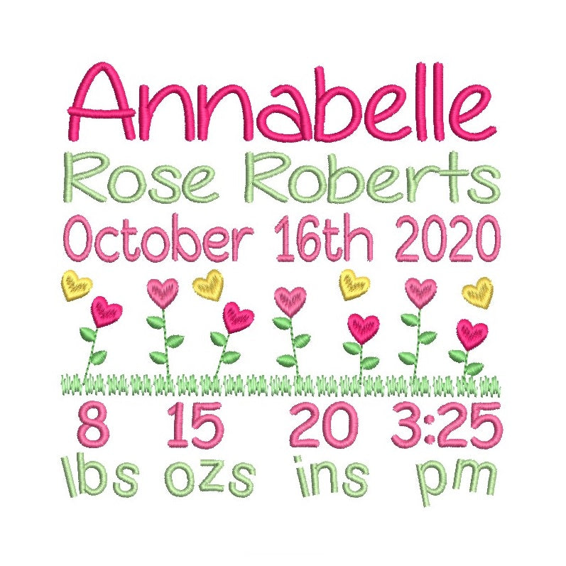 Baby Birth Announcement -Custom Embroidery Design by rosiedayembroidery.com