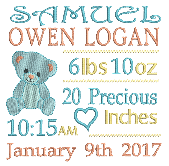 Baby Birth Announcement -Custom Embroidery Design by rosiedayembroidery.com