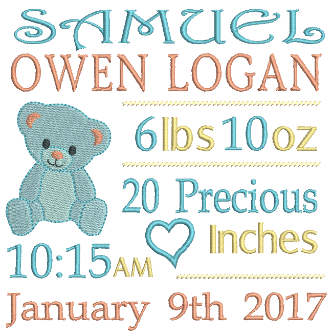 Baby Birth Announcement -Custom Embroidery Design by rosiedayembroidery.com