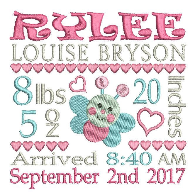 Baby Birth Announcement Custom Embroidery Design Rosieday