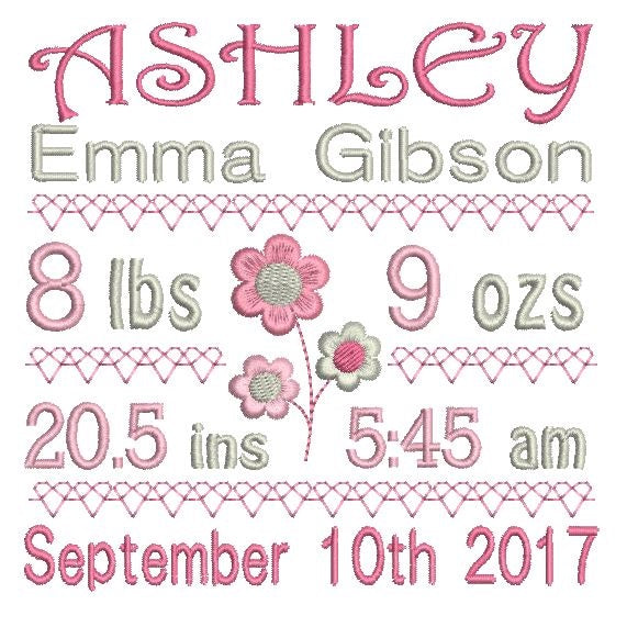 Baby birth stats template machine embroidery design by rosiedayembroidery.com