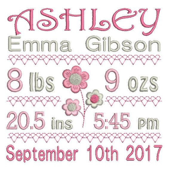 Baby birth stats template machine embroidery design by rosiedayembroidery.com