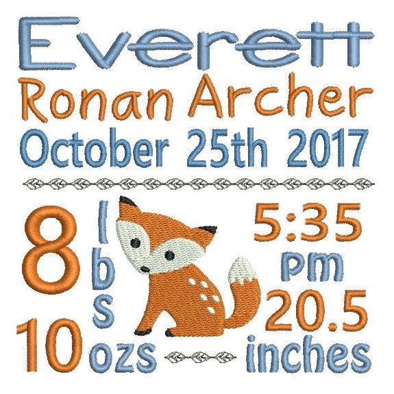 Baby boy birth announcement -custom embroidery design by rosiedayembroidery.com