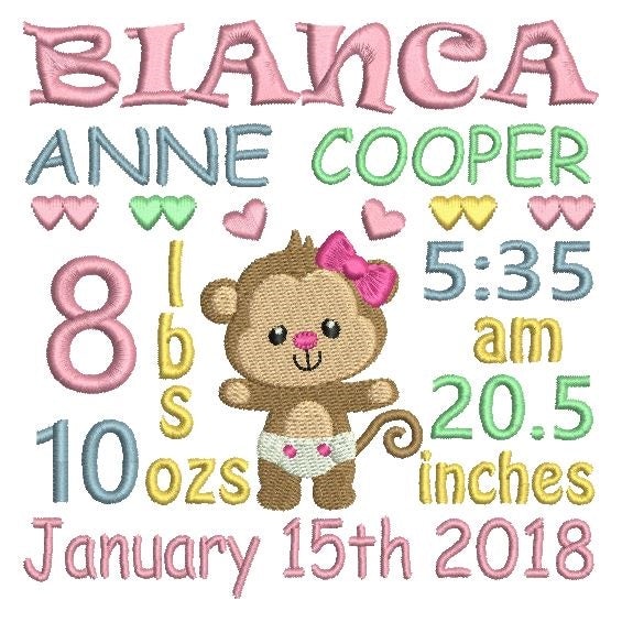 Baby girl birth announcement -custom embroidery design by rosiedayembroidery.com