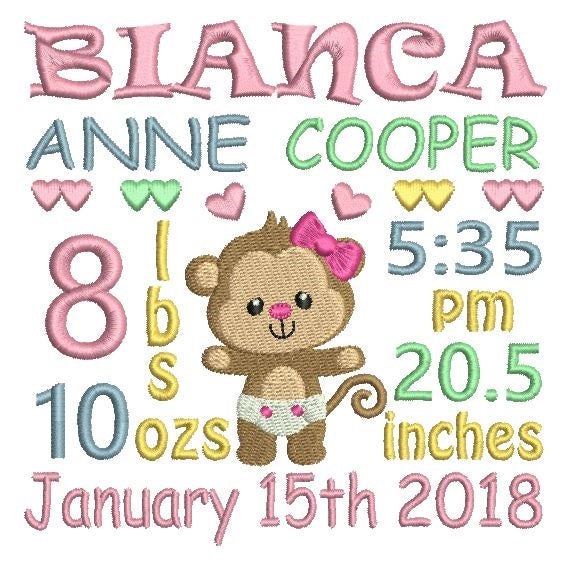 Baby girl birth announcement -custom embroidery design by rosiedayembroidery.com