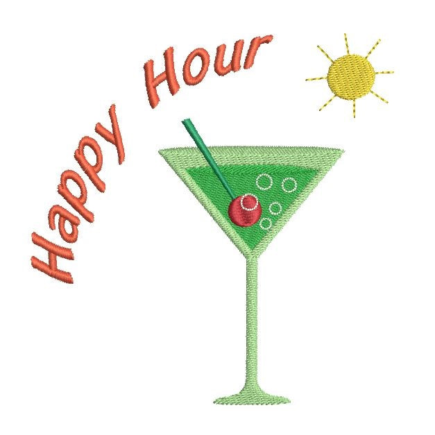 Happy hour martini cocktail machine embroidery design by rosiedayembroidery.com