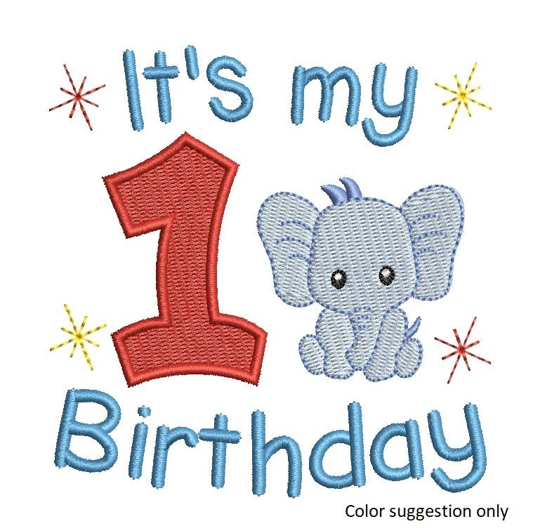 1st birthday number with elephant machine embroidery design by rosiedayembroidery.com