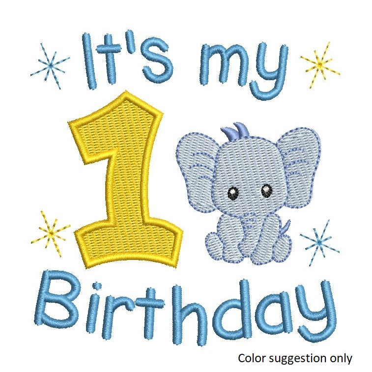 1st birthday number with elephant machine embroidery design by rosiedayembroidery.com