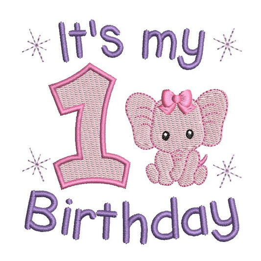 1st birthday number with elephant machine embroidery design by rosiedayembroidery.com
