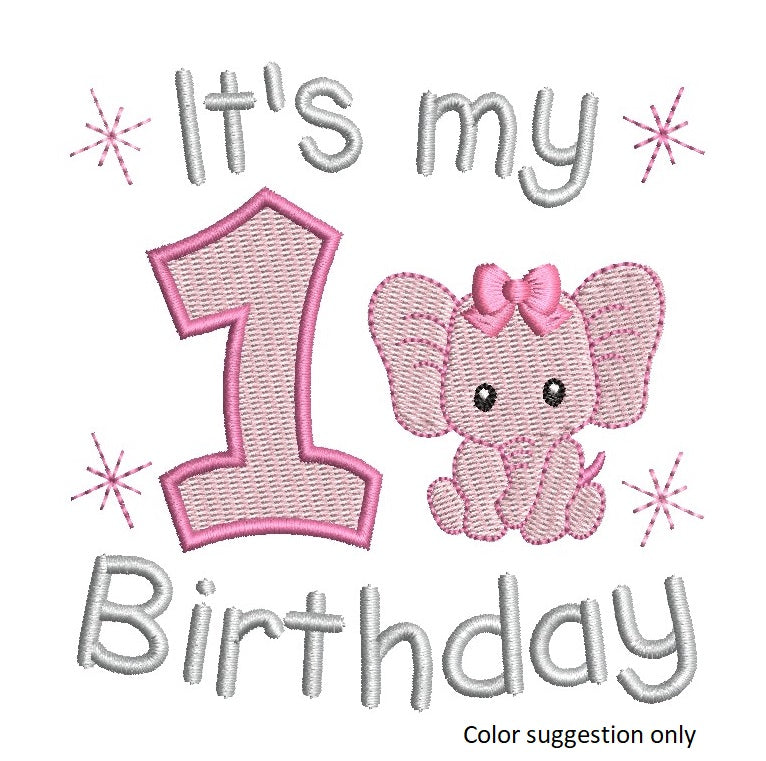 1st birthday number with elephant machine embroidery design by rosiedayembroidery.com