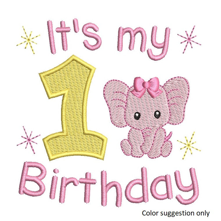 1st birthday number with elephant machine embroidery design by rosiedayembroidery.com