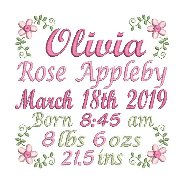 Baby birth announcement machine embroidery design by rosiedayembroidery.com