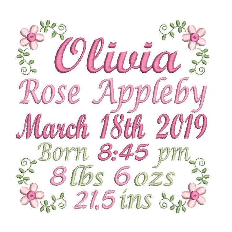 Baby birth announcement machine embroidery design by rosiedayembroidery.com